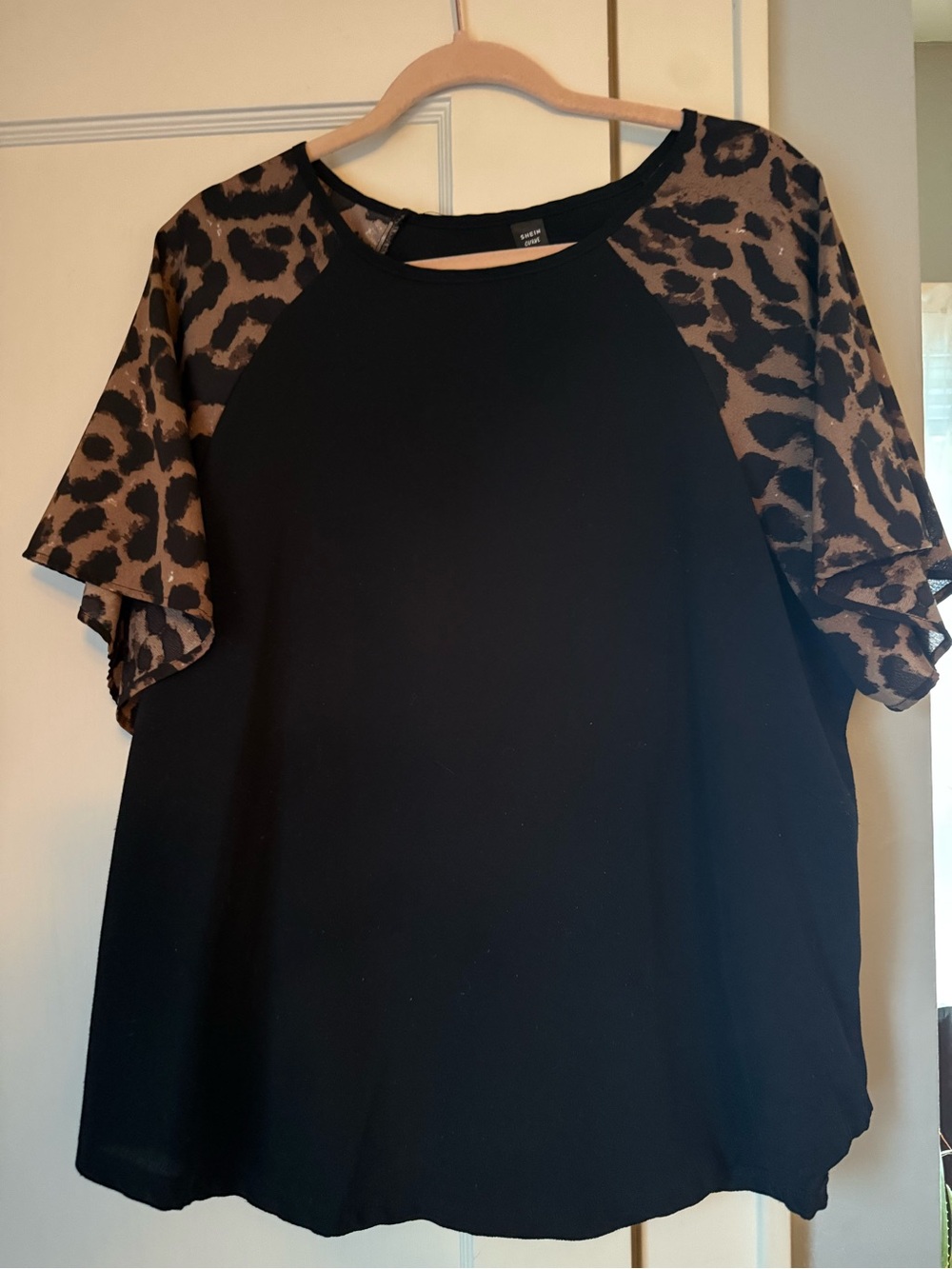 SHEIN Black Top with Brown Leopard Flutter Sleeves